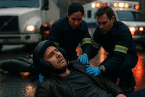 Injured motorcyclist in New York lying on wet pavement after a truck collision, attended by paramedics with ambulance and truck in background.