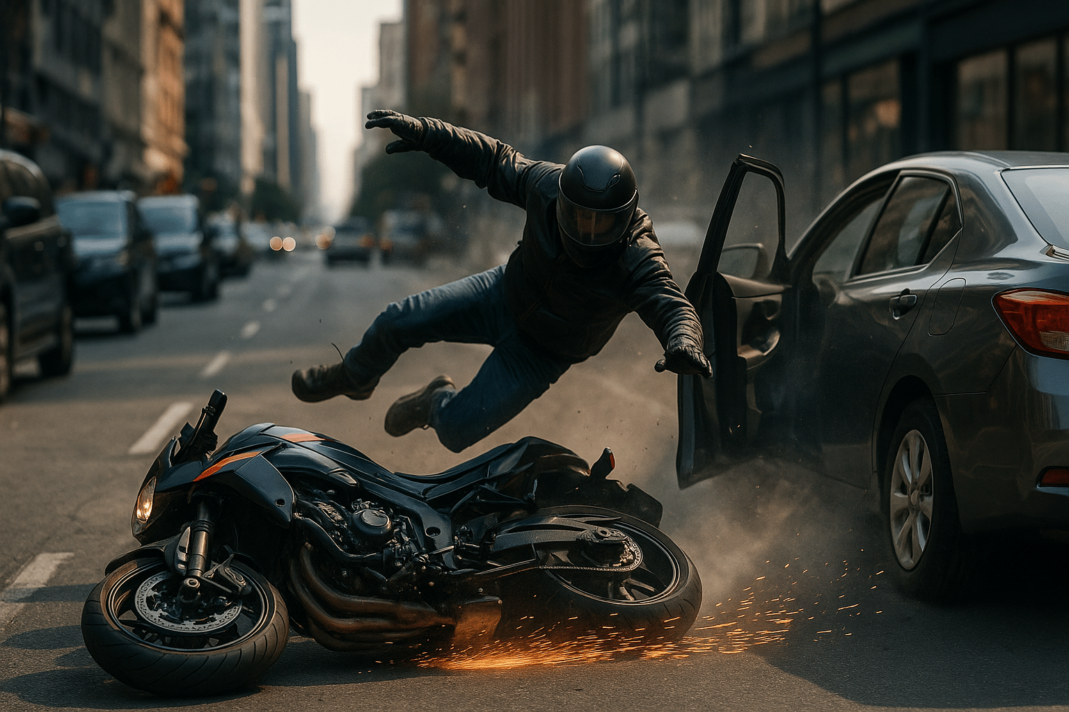 Motorcycle accident in New York City caused by a reckless driver opening a car door, with sparks flying from the bike.