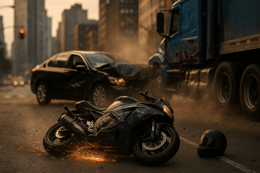 Multi-vehicle motorcycle crash in NYC with sedan and truck – damaged motorcycle on ground