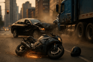 Multi-vehicle motorcycle crash in NYC with sedan and truck – damaged motorcycle on ground