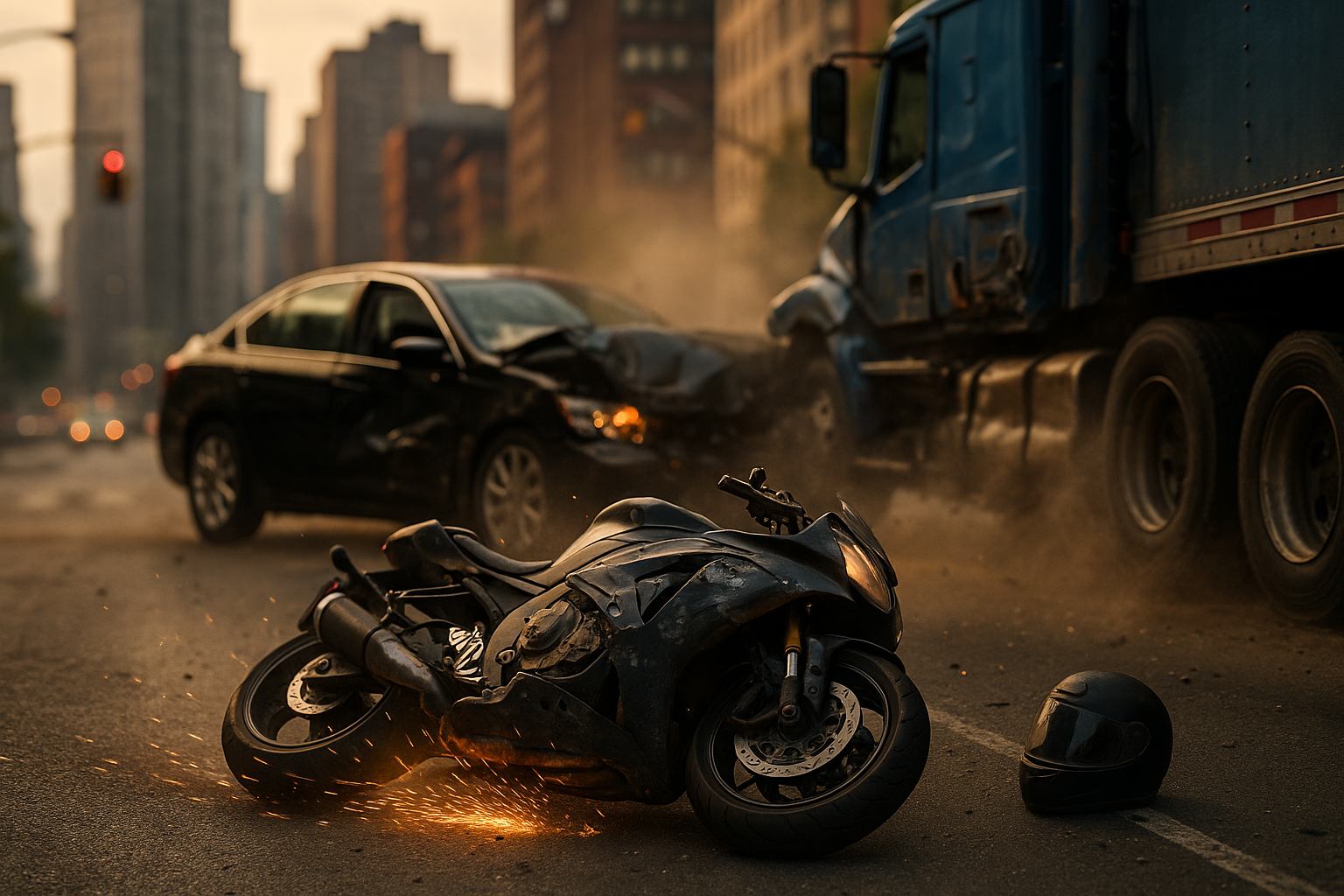Multi-vehicle motorcycle crash in NYC with sedan and truck – damaged motorcycle on ground