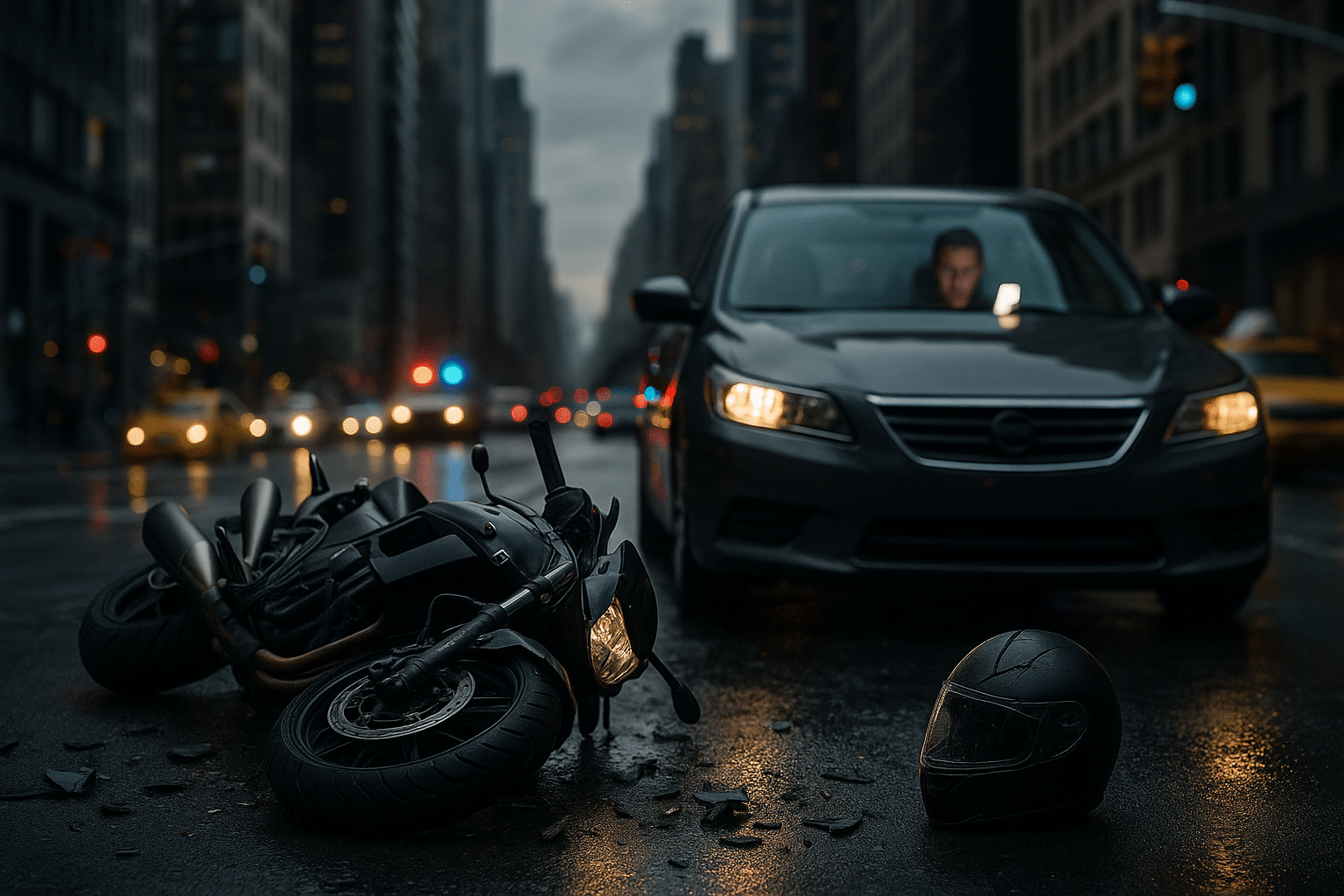 Damaged motorcycle and cracked helmet on wet New York City street after a distracted driver crash, with a car and emergency lights in the background.