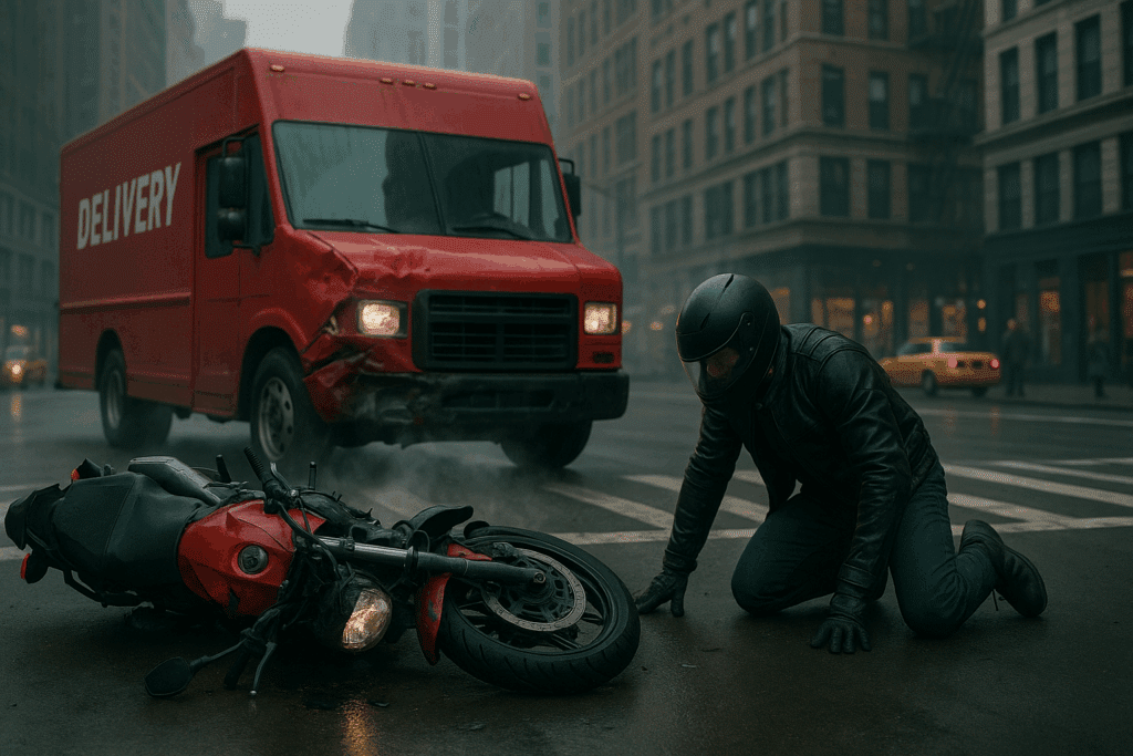 Motorcycle accident with red delivery truck in New York City intersection, showing damaged bike and injured rider — delivery truck accident lawyer NYC.