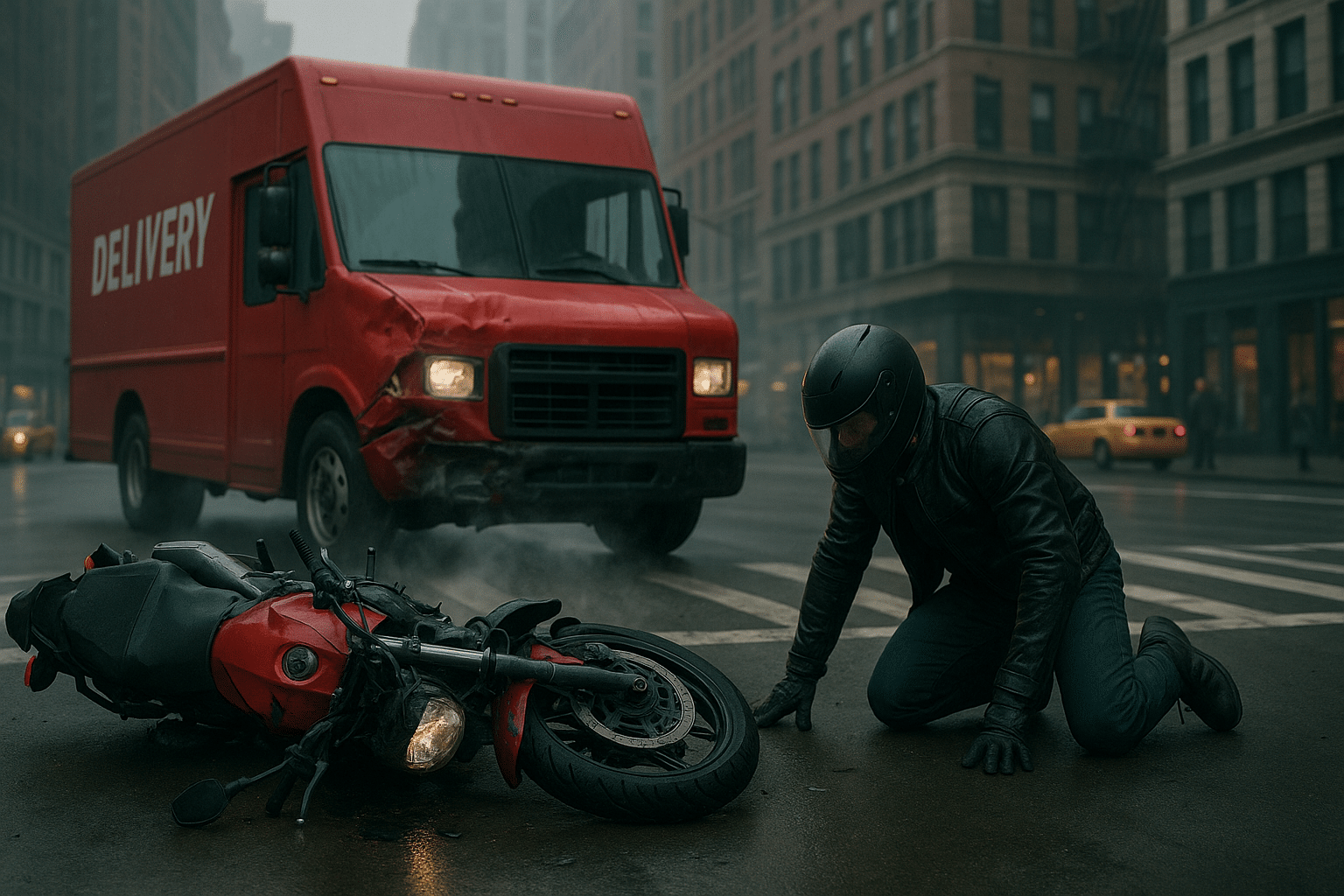 Motorcycle accident with red delivery truck in New York City intersection, showing damaged bike and injured rider — delivery truck accident lawyer NYC.