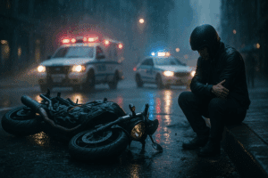 Injured motorcyclist sitting beside his crashed motorcycle on a rainy New York City street at night, with police lights in the background — motorcycle accident lawyer NYC.