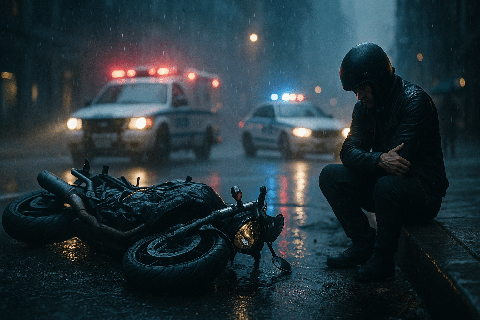 Injured motorcyclist sitting beside his crashed motorcycle on a rainy New York City street at night, with police lights in the background — motorcycle accident lawyer NYC.