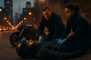 Motorcyclist attended by paramedics after a brain injury crash in New York City.