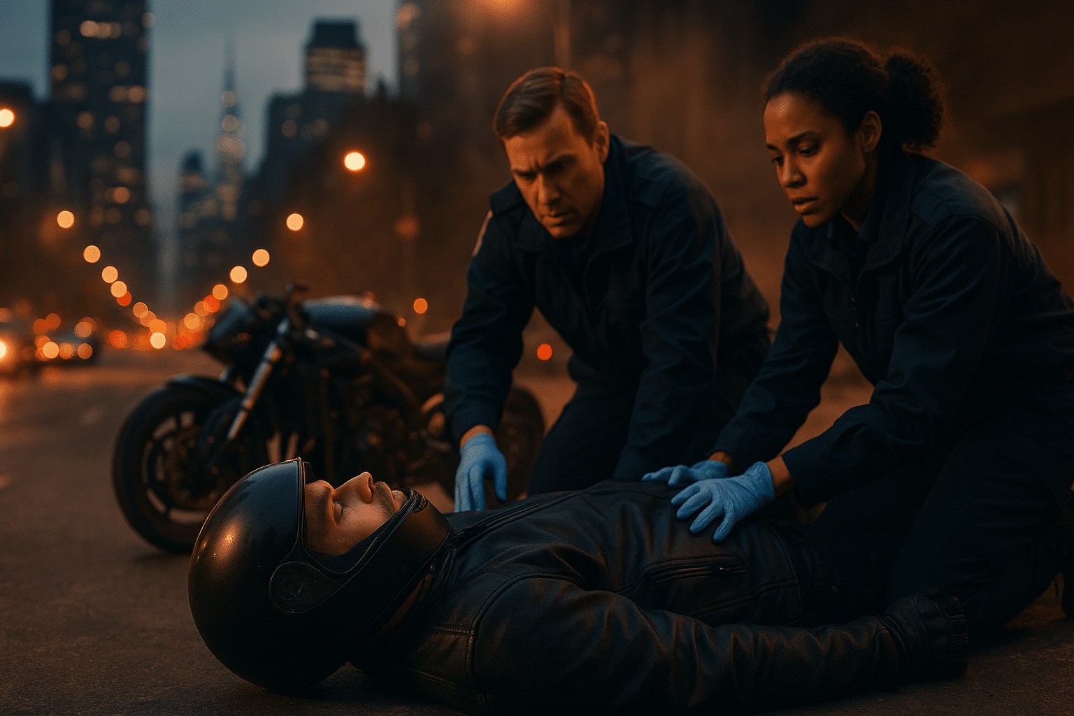 Motorcyclist attended by paramedics after a brain injury crash in New York City.