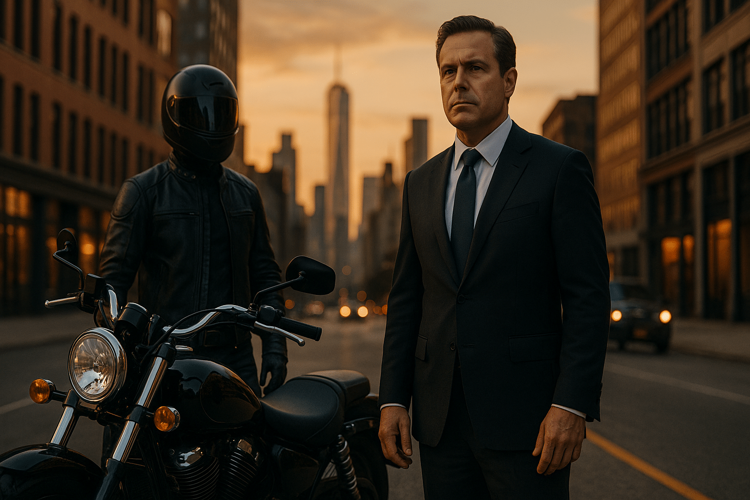 Motorcycle lawyer and rider beside a black Harley-Davidson motorcycle in New York City at sunset, symbolizing trust and experience.