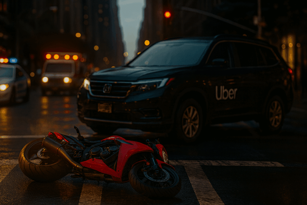 Motorcycle accident involving an Uber SUV in New York City at dusk