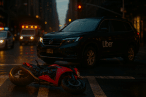 Motorcycle accident involving an Uber SUV in New York City at dusk