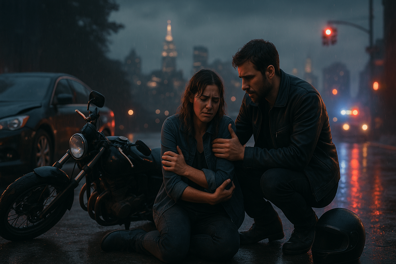 Injured motorcycle passenger sitting on a New York street with the rider beside her after a crash.