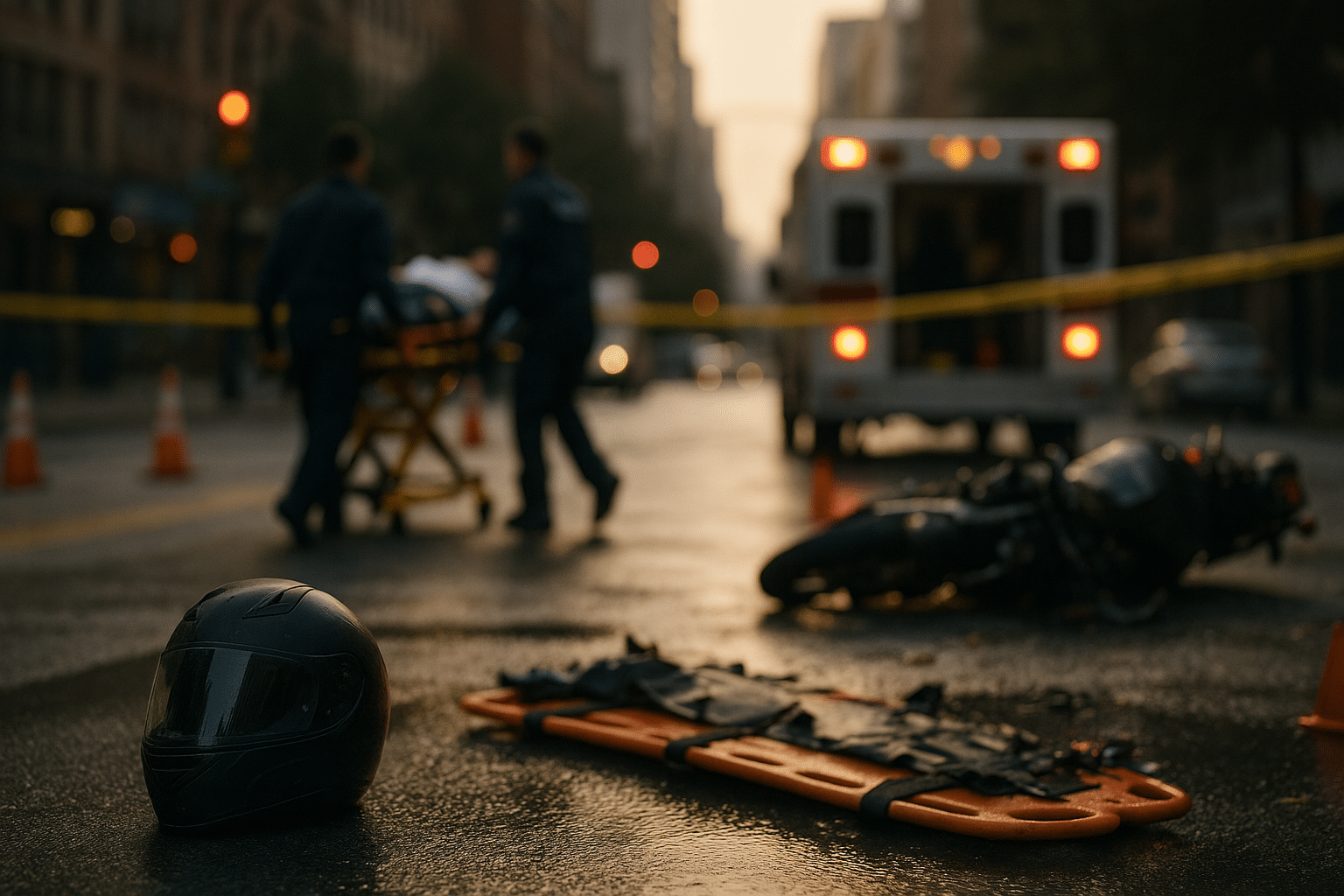 Damaged motorcycle and scratched helmet on wet NYC street with paramedics carrying a spinal backboard