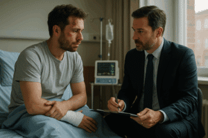 injured motorcyclist consulting NYC lawyer about pain and suffering claim