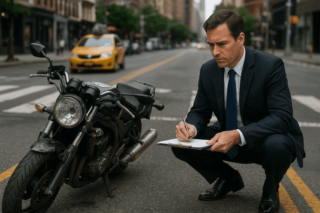 damaged motorcycle on a New York City street being inspected by an attorney