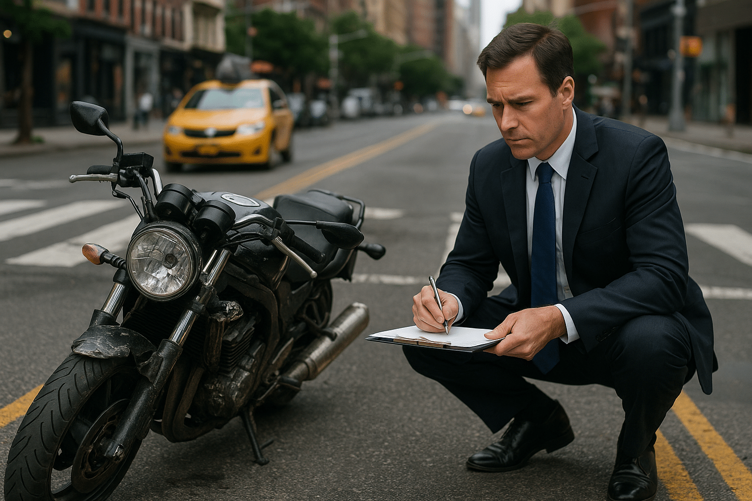 damaged motorcycle on a New York City street being inspected by an attorney