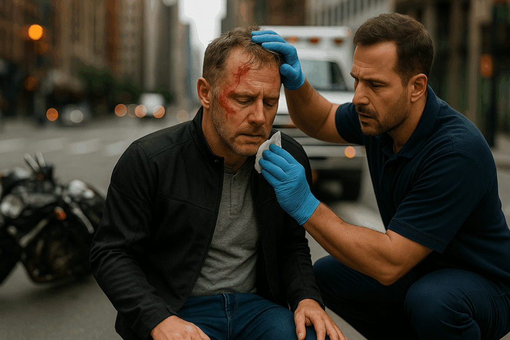 injured motorcyclist receiving medical help after crash in New York City