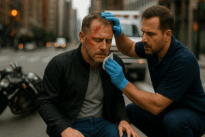 injured motorcyclist receiving medical help after crash in New York City