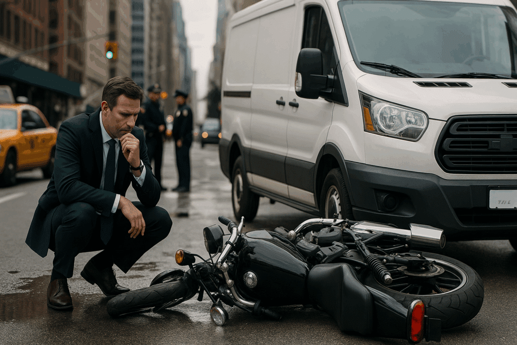 lawyer inspecting a motorcycle accident involving a delivery van in New York City