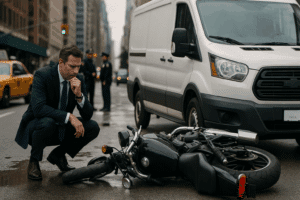 lawyer inspecting a motorcycle accident involving a delivery van in New York City