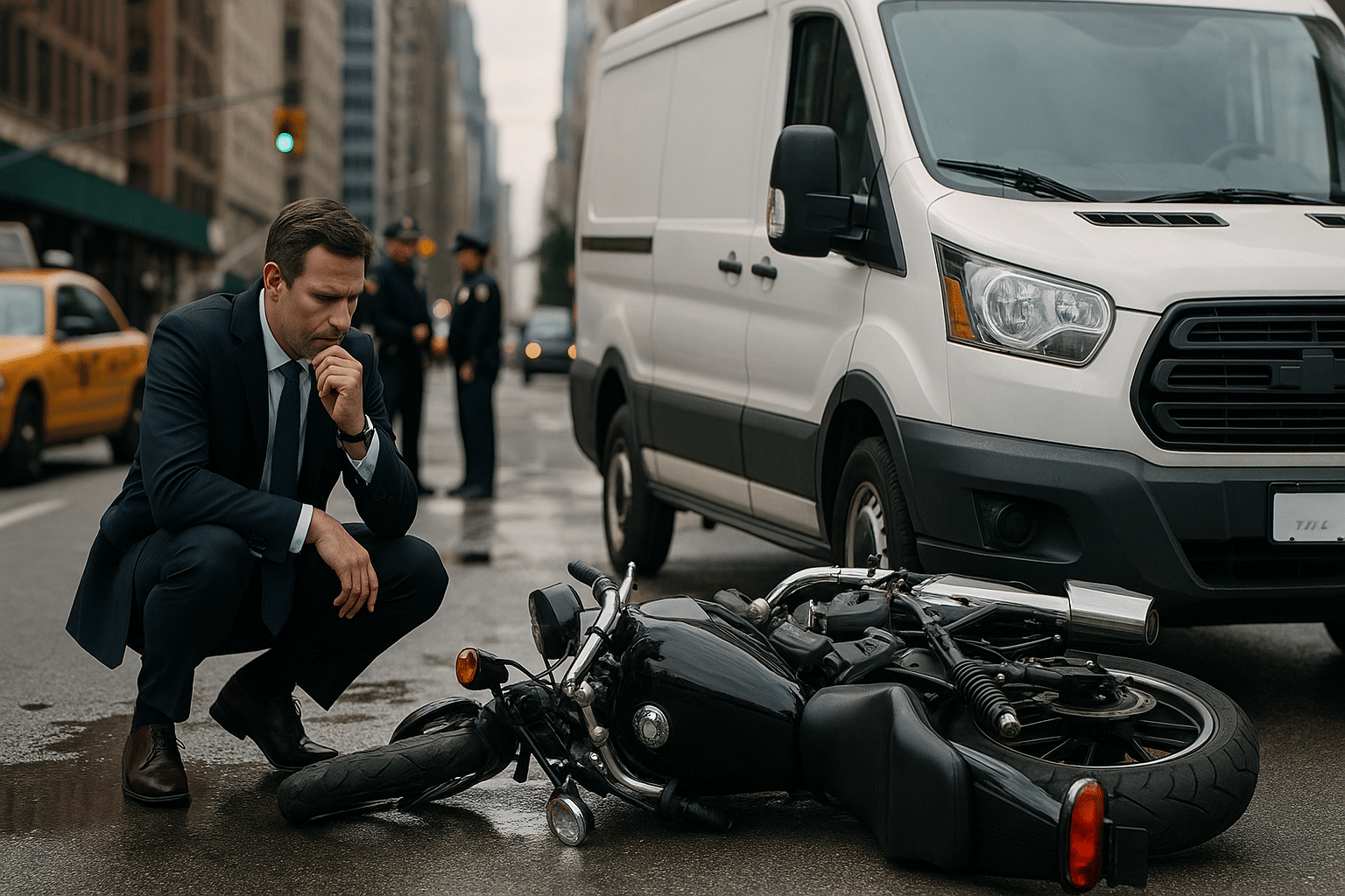 lawyer inspecting a motorcycle accident involving a delivery van in New York City