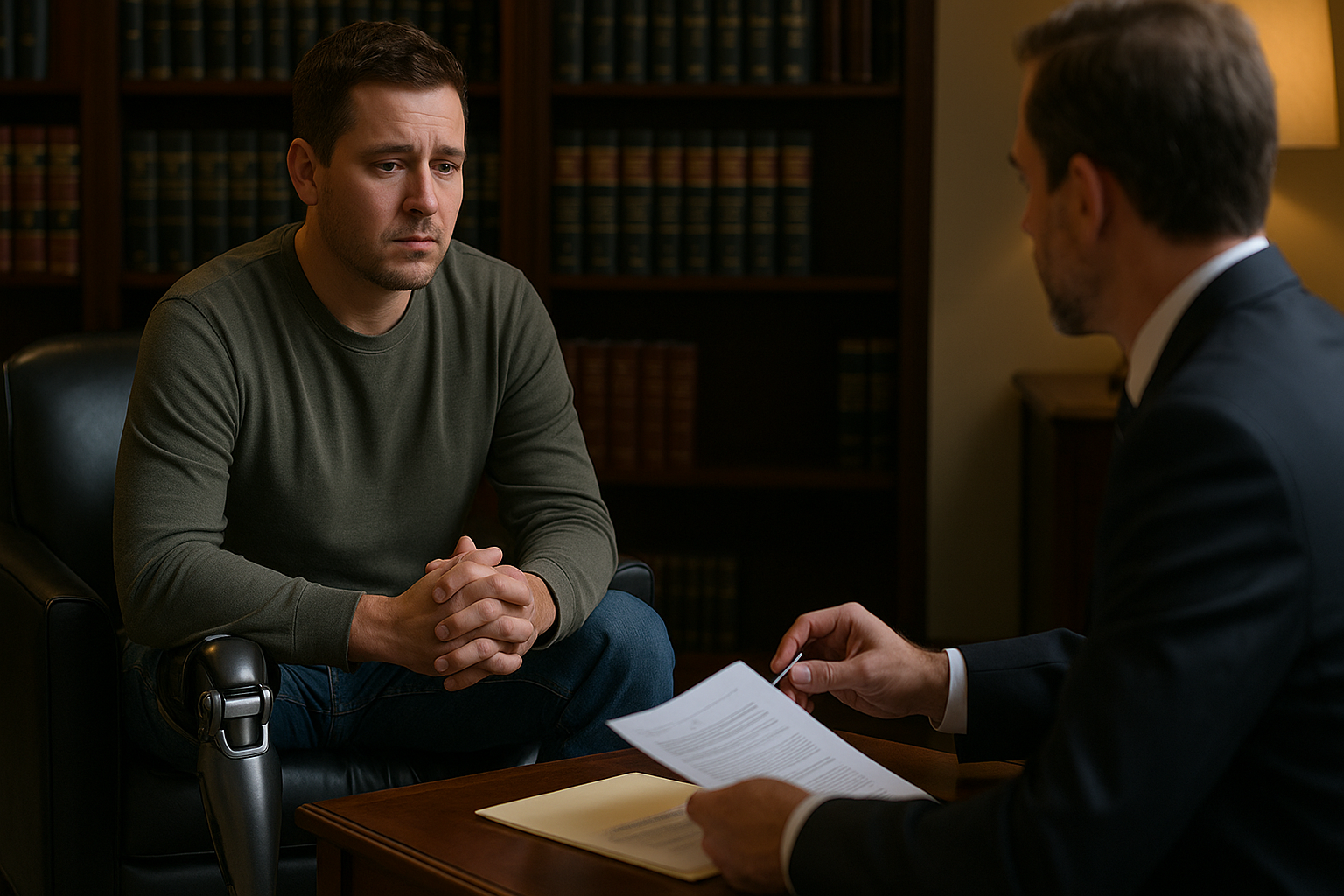 motorcycle accident survivor with prosthetic leg consulting a lawyer in a New York office