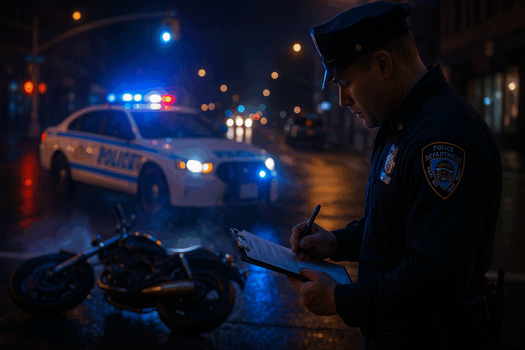 nyc police officer writing a police report at night after a motorcycle accident at an intersection