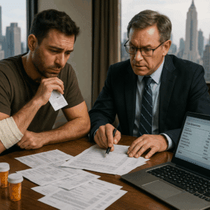 njured motorcyclist reviewing bills with NYC motorcycle accident lawyer
