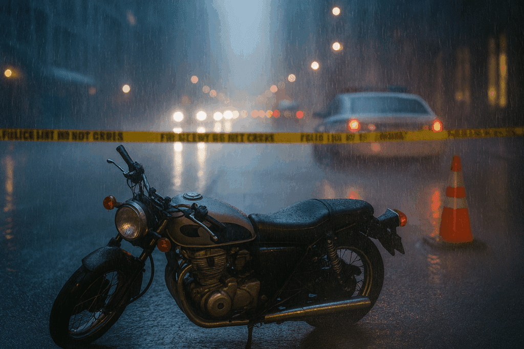 motorcycle lying on wet NYC street during heavy rain accident scene