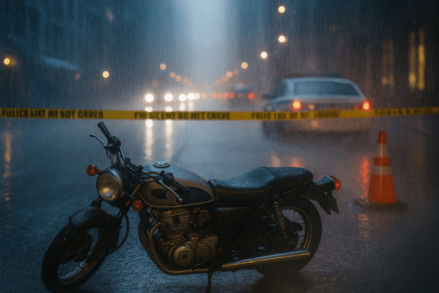motorcycle lying on wet NYC street during heavy rain accident scene