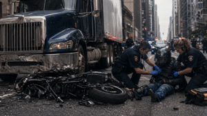 Commercial truck and damaged motorcycle after a serious accident in New York City while paramedics assist an injured rider