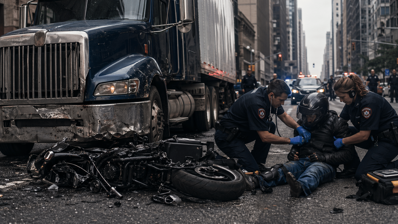 Commercial truck and damaged motorcycle after a serious accident in New York City while paramedics assist an injured rider