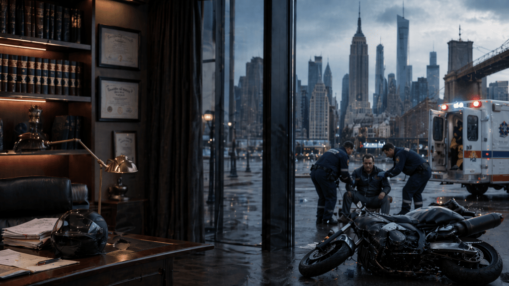Serious motorcycle accident scene in New York with injured rider, paramedics, ambulance, and damaged motorcycle outside a law office.