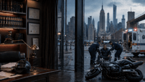 Serious motorcycle accident scene in New York with injured rider, paramedics, ambulance, and damaged motorcycle outside a law office.