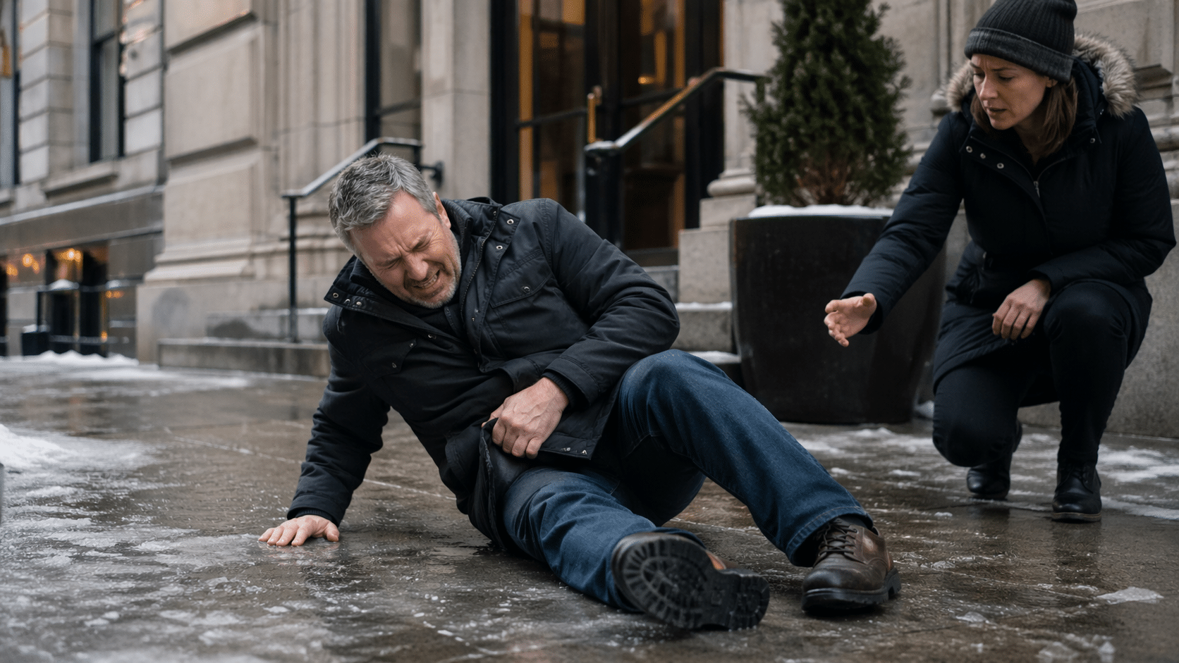 Injured person after a slip and fall accident on an icy sidewalk in New York with a bystander offering help.