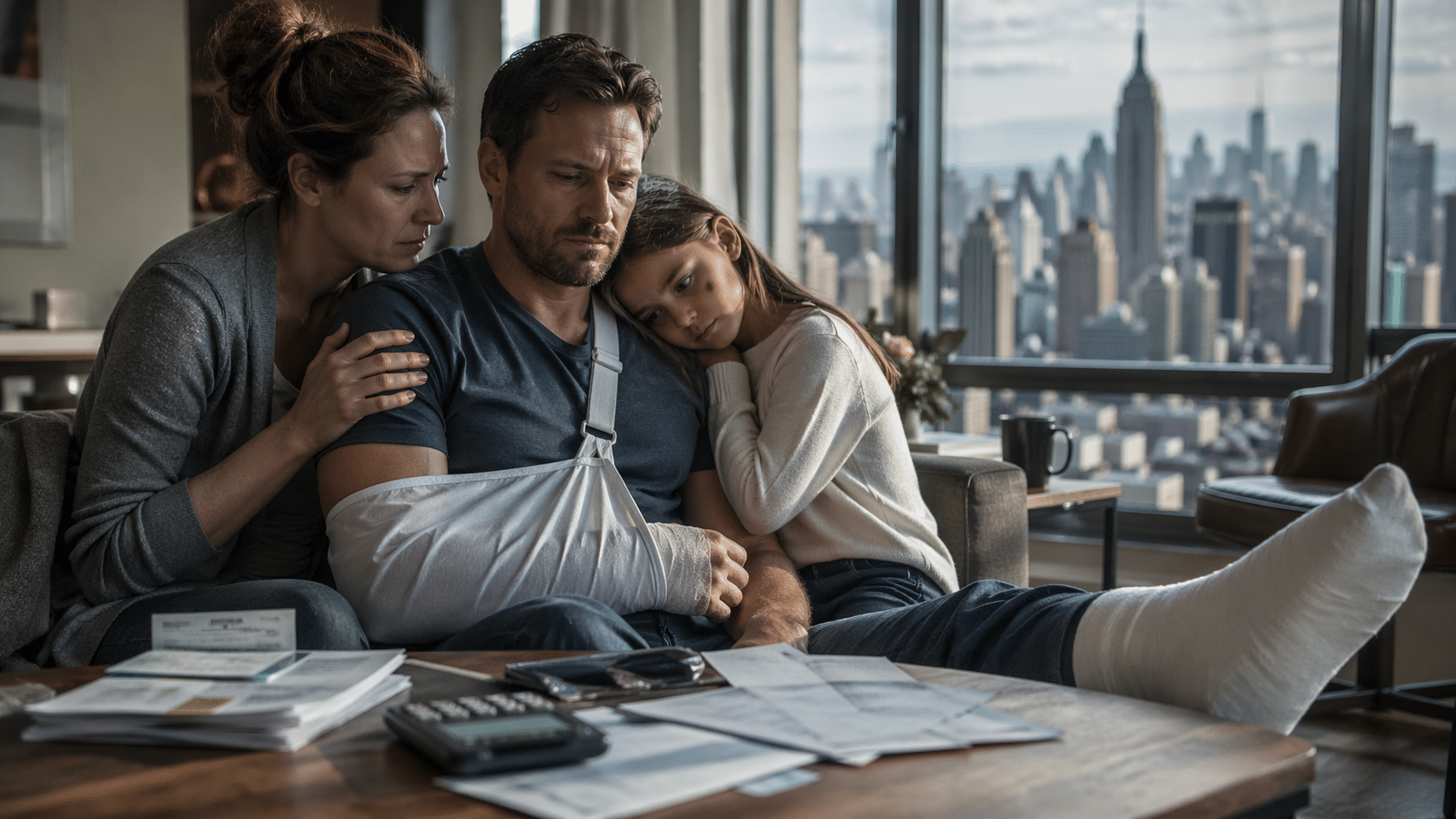 Injured man with his family in a New York apartment, showing the emotional and financial impact of a serious accident.