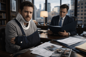 Injured accident victim in a New York law office with medical support devices reviewing evidence for a high-value personal injury claim