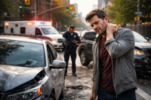 Injured man after a distracted driving accident in New York standing beside a damaged car while police and ambulance respond