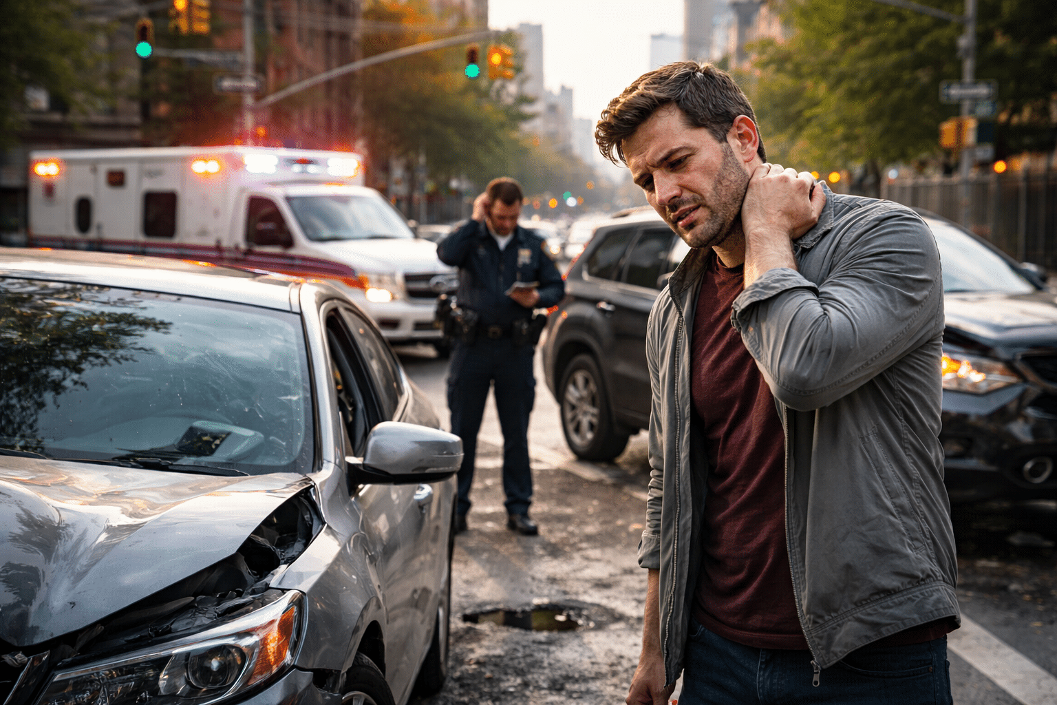 Injured man after a distracted driving accident in New York standing beside a damaged car while police and ambulance respond