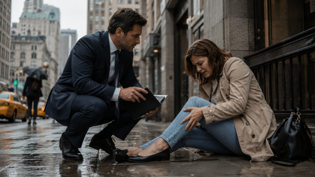 Injured person speaking with a legal professional after a serious fall accident in New York.
