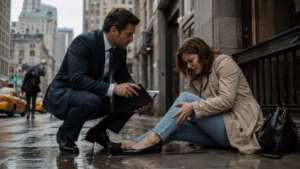 Injured person speaking with a legal professional after a serious fall accident in New York.