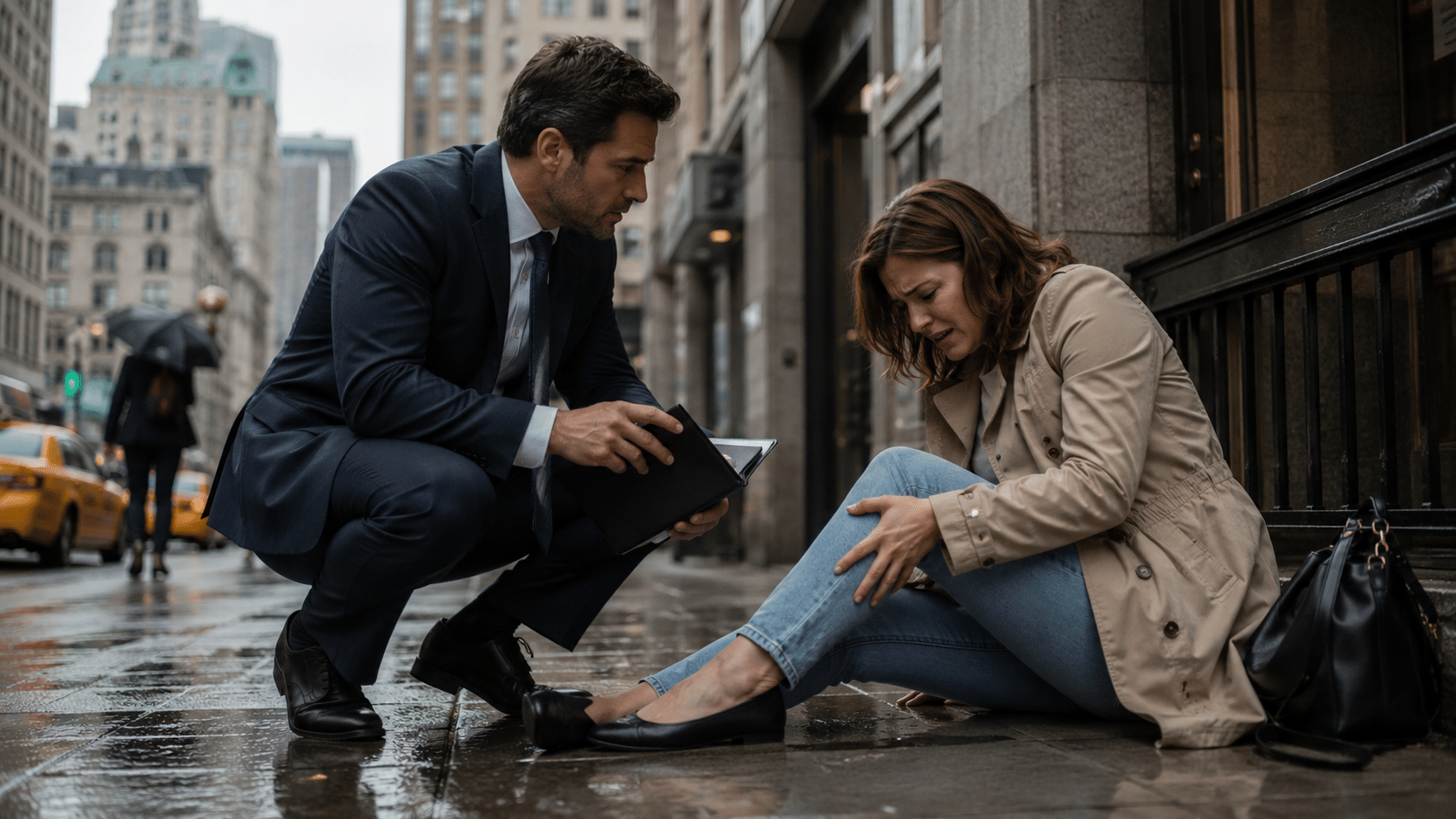 Injured person speaking with a legal professional after a serious fall accident in New York.
