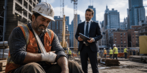 Injured construction worker at a New York job site with an experienced trial attorney reviewing the case after a serious construction accident.