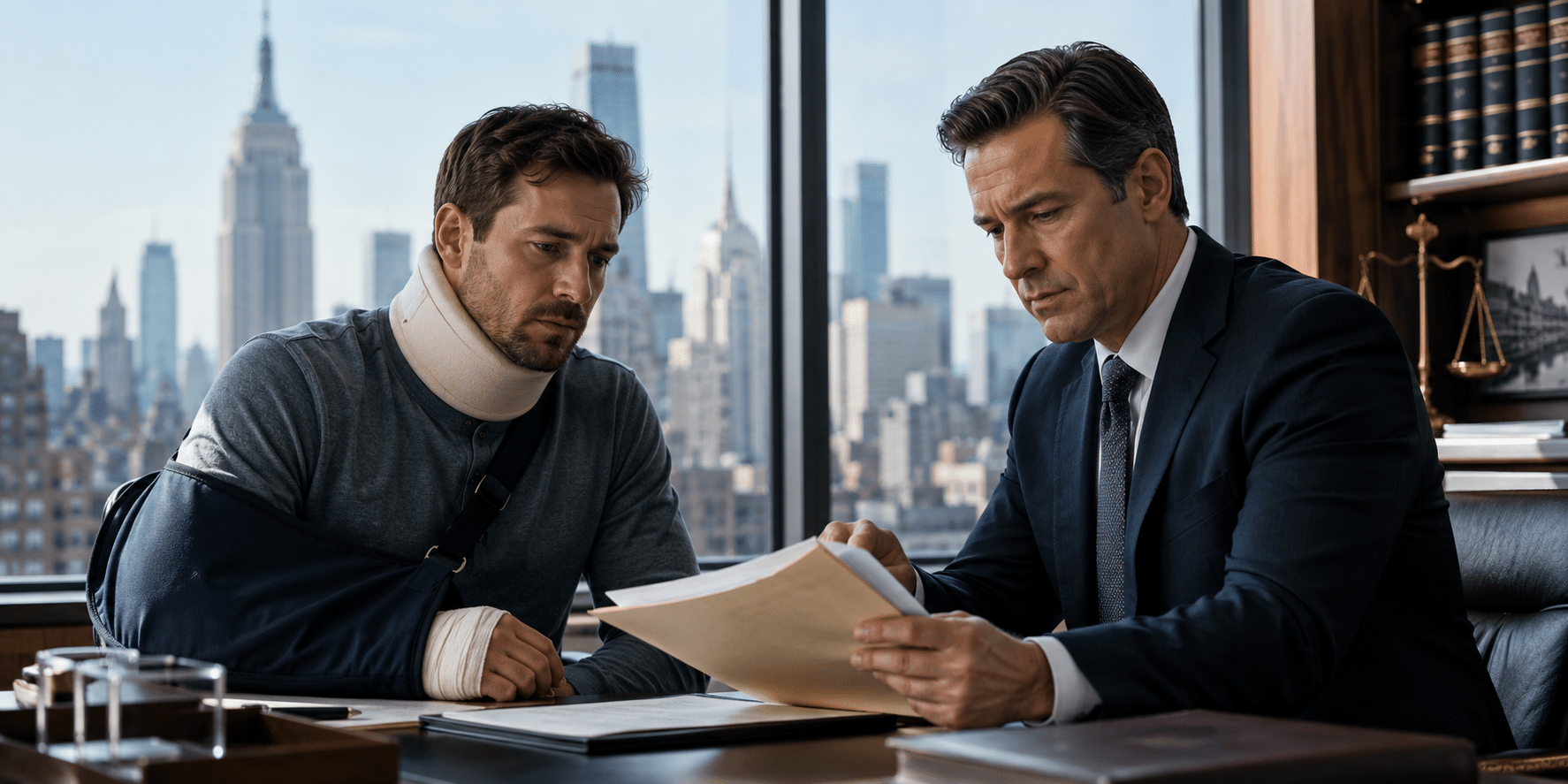 Injured accident victim meeting with a New York personal injury lawyer to review a serious injury case that may be worth substantial compensation.